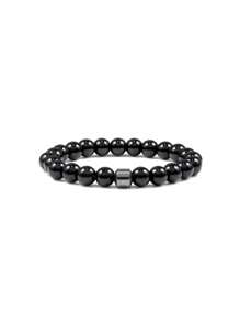 1pc 8mm Natural Black Agate Beaded Elastic Bracelet, Adjustable Unisex - Multicolor - View 15