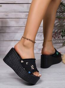 2024 女士坡跟厚底时尚夏季拖鞋，新款黑蓝不对称拼色外穿拖鞋 - 黑色 - 查看 5