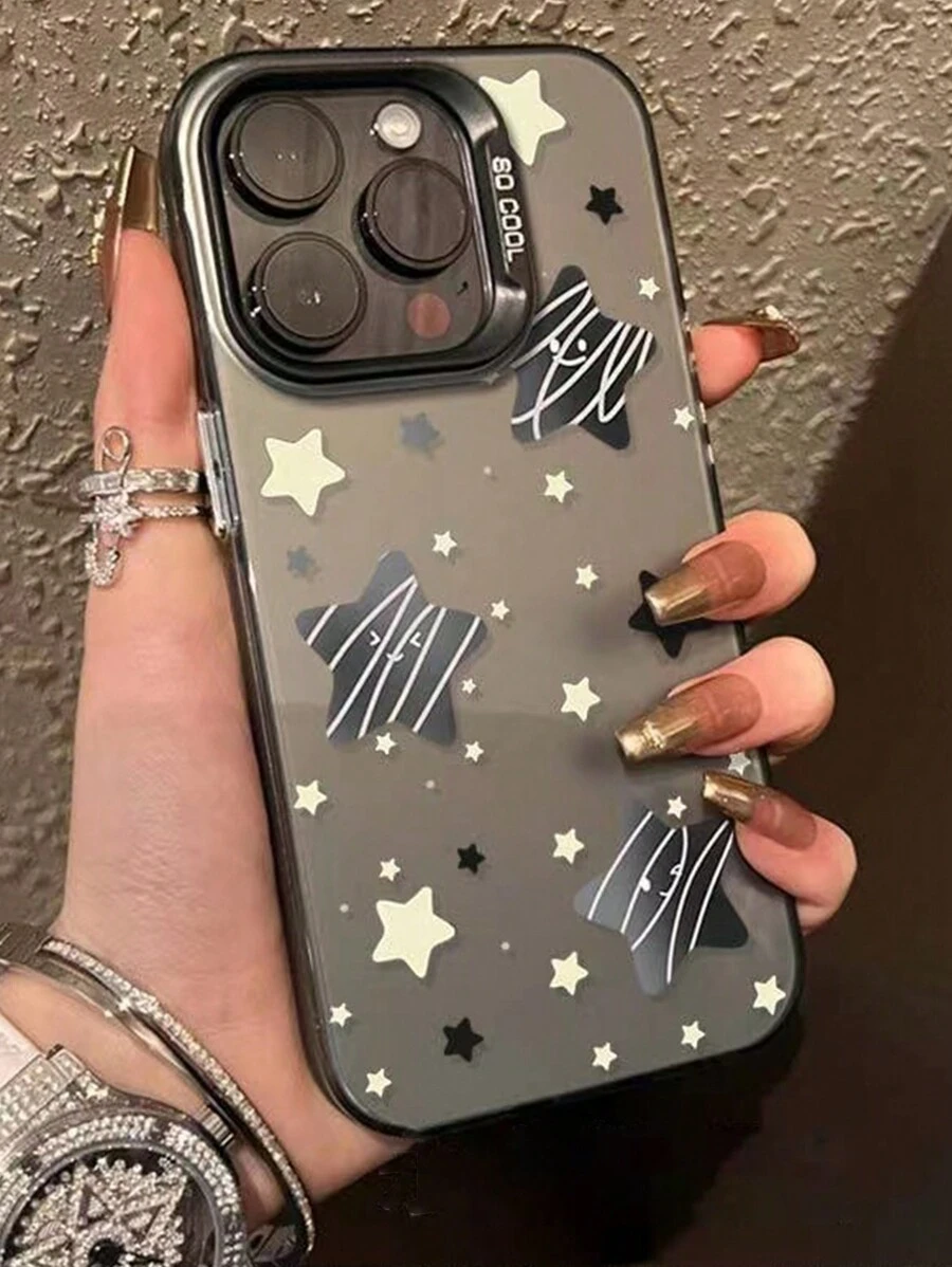 IMD材質、半透明黑色微笑圖案手機殼，手繪星辰，適用於iPhone 13/14 Pro Max和11/15 Pro Max，可在陽光下看到 - 彩色 - 查看 1