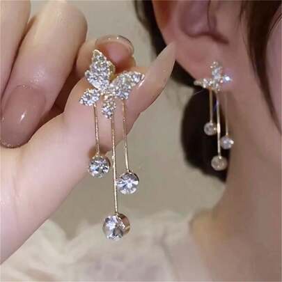 1pair Teen' Butterfly & Tassel & Rhinestone Decor Earrings For Girls, Princess Ear Jewelry, Holiday Gifts