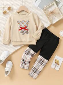 Conjunto de 2 piezas lindo de pantalones deportivos con bloque de color, lazo y estampado de cuadros de gato para niñas, primavera otoño