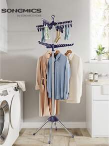 SONGMICS Clothes Airer, Clothes Drying Rack With 3 Rotatable Arms For Hangers, 4-Leg Indoor Folding Laundry Rack, Stainless Steel, For Clothes And Socks, 183 Cm High, Blue And Silver - Blue - View 1
