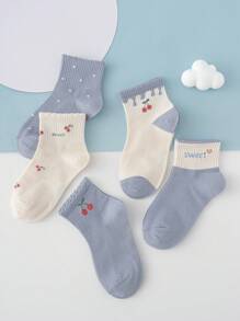 5對少女可愛藍色櫻桃圖案蕾絲修飾襪子 - 彩色 - 查看 2