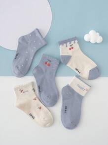 5對少女可愛藍色櫻桃圖案蕾絲修飾襪子 - 彩色 - 查看 4