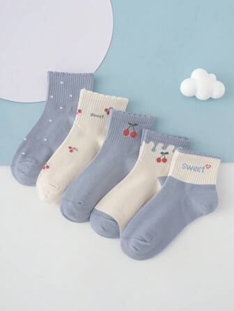 5對少女可愛藍色櫻桃圖案蕾絲修飾襪子