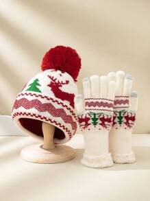 1pc Y2k Style Christmas Deer Pattern Ski Hat & Gloves Set For Kids, Suitable For Daily Outdoor Activities - White - View 6