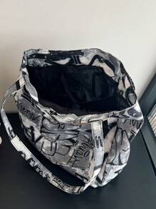 New Fashionable Graffiti Print Foldable Tote Bag With Large Capacity For Women, Suitable For Daily Work, Casual Use, Date, Gift, College Students Backpackback To School,Classic Casual, Suitable For Teen Girls Women College StudentsOutdoors, Travel, Outings, Tote Bags For School - Black - View 10