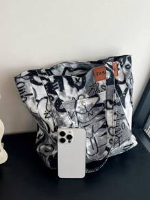 New Fashionable Graffiti Print Foldable Tote Bag With Large Capacity For Women, Suitable For Daily Work, Casual Use, Date, Gift, College Students Backpackback To School,Classic Casual, Suitable For Teen Girls Women College StudentsOutdoors, Travel, Outings, Tote Bags For School - Black - View 7