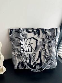 New Fashionable Graffiti Print Foldable Tote Bag With Large Capacity For Women, Suitable For Daily Work, Casual Use, Date, Gift, College Students Backpackback To School,Classic Casual, Suitable For Teen Girls Women College StudentsOutdoors, Travel, Outings, Tote Bags For School - Black - View 9