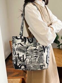 New Fashionable Graffiti Print Foldable Tote Bag With Large Capacity For Women, Suitable For Daily Work, Casual Use, Date, Gift, College Students Backpackback To School,Classic Casual, Suitable For Teen Girls Women College StudentsOutdoors, Travel, Outings, Tote Bags For School - Black - View 4