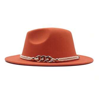 1pc Women's New Style Wool Hat, Autumn And Winter, Fashionable French Style Flat Top Hat With Chain Detailing, Vintage English Style Jazz Hat