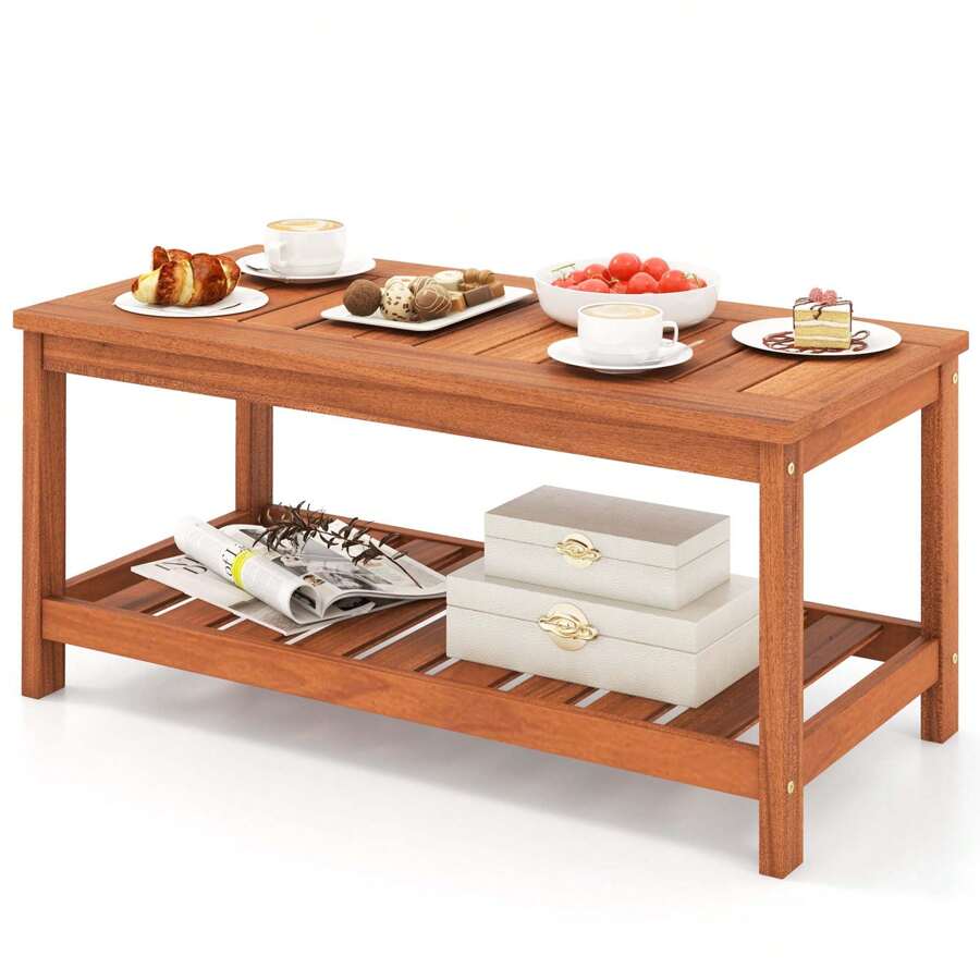 Patio Coffee Table 2-Tier Outdoor Side Rectangle Side Table Solid Wood ...