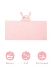 Toalla De Baño Con Capucha Para Bebés Y Niños Con Diseño De Aplique De Conejo De Dibujos Animados, Poncho Estilo Capa Con Textura De Onda, Albornoz Portátil - Rosa - Ver 6