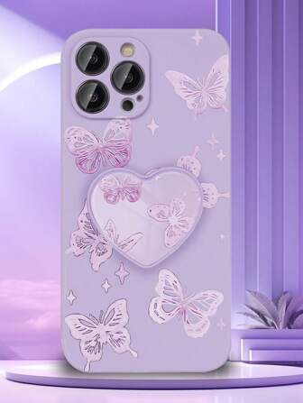 1 funda de teléfono anti-caída de patrón de mariposa TPU y 1 soporte plegable de corazón giratorio de 360° compatible con funda para IPhone/Samsung/Xiaomi/Huawei/Oppo/Galaxy A52/A52s 5g/Galaxy A14/Galaxy S23 Ultra/Iphone 14 Pro Max/Oppo A54/Galaxy A54/Redmi 10/Redmi Note 8/Xiaomi Redmi 12c/11a/Galaxy A13 4g/Galaxy A23 5g