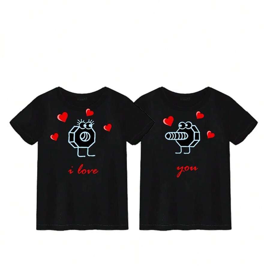 Playeras dúo para parejas san Valentín diseño de tuerca y tornillo amor y amistad - Negro - Ver 1