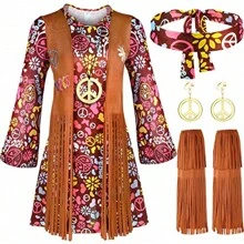 7入組70年代嬉皮士服裝套裝,60年代服飾配件派對女士迪斯科裙裝女孩 - Red Floral - 查看 4