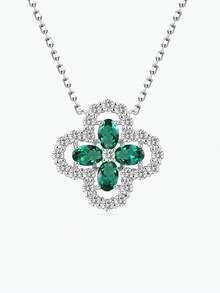 1入優質四葉草項鍊，925純銀材質，附白色合成鋯石寶石 - 綠色 - 查看 1