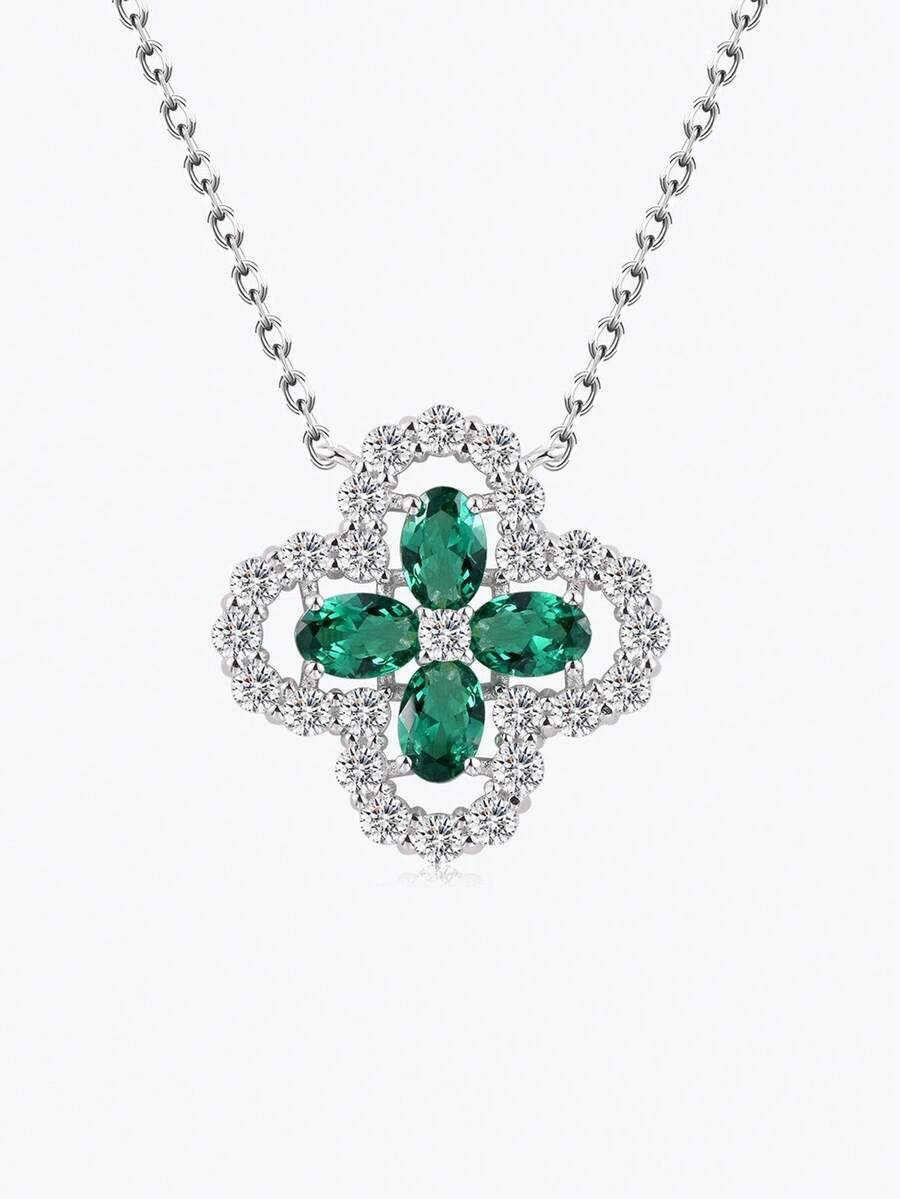 1入優質四葉草項鍊，925純銀材質，附白色合成鋯石寶石 - 綠色 - 查看 1