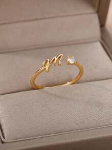 1 pieza Anillo con inicial de la A a la Z de moda para mujer, color dorado, de acero inoxidable, ajustable, joyería de boda, regalo