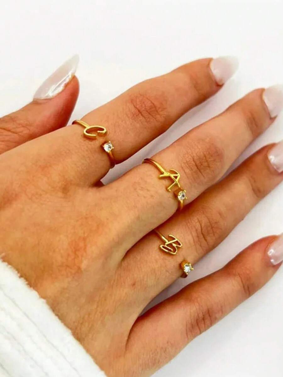 1 pieza Anillo con inicial de la A a la Z de moda para mujer, color dorado, de acero inoxidable, ajustable, joyería de boda, regalo