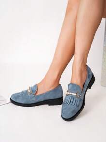 Nuove Ballerine Slip-on In Velluto Casuale Da Donna Con Tacco Largo, Punta Rotonda E Design A Nicchia - Blu - Visualizzare 5