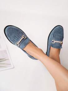 Nuove Ballerine Slip-on In Velluto Casuale Da Donna Con Tacco Largo, Punta Rotonda E Design A Nicchia - Blu - Visualizzare 3