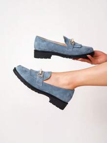 Nuove Ballerine Slip-on In Velluto Casuale Da Donna Con Tacco Largo, Punta Rotonda E Design A Nicchia - Blu - Visualizzare 6