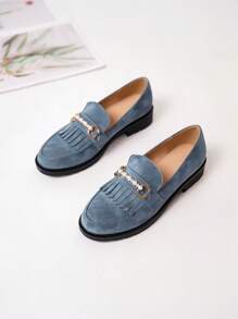 Nuove Ballerine Slip-on In Velluto Casuale Da Donna Con Tacco Largo, Punta Rotonda E Design A Nicchia - Blu - Visualizzare 2