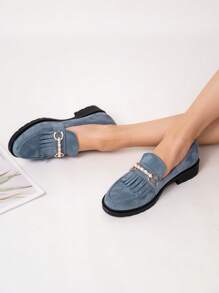 Nuove Ballerine Slip-on In Velluto Casuale Da Donna Con Tacco Largo, Punta Rotonda E Design A Nicchia - Blu - Visualizzare 9