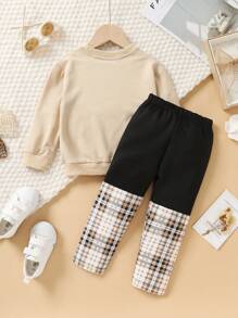 Conjunto de 2 piezas lindo de pantalones deportivos con bloque de color, lazo y estampado de cuadros de gato para niñas, primavera otoño