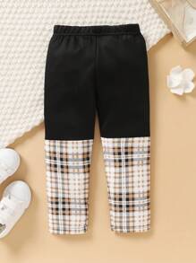 Conjunto de 2 piezas lindo de pantalones deportivos con bloque de color, lazo y estampado de cuadros de gato para niñas, primavera otoño