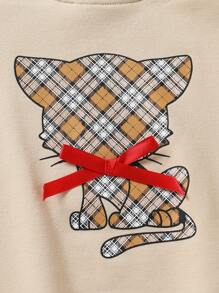 Conjunto de 2 piezas lindo de pantalones deportivos con bloque de color, lazo y estampado de cuadros de gato para niñas, primavera otoño