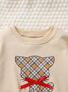 Conjunto de 2 piezas lindo de pantalones deportivos con bloque de color, lazo y estampado de cuadros de gato para niñas, primavera otoño