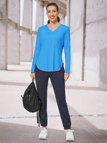 ED3SIZE 女款 V 領圓形下擺運動長袖 T 卹春季上衣 - 藍色 - 查看 6