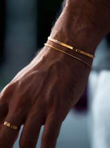 2pcs/Set Stainless Steel 18k Gold Plated Open Cuff Bracelet And Chain Bracelet For Men, Fashionable Design And Simple Style, Suitable For Holidays, Birthdays And Graduation Gifts