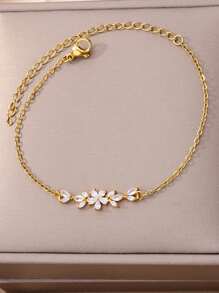 1pc Elegant Stainless Steel Zirconia Flowers Bracelet For Women Girls Valentine's Day - Yellow Gold - View 1