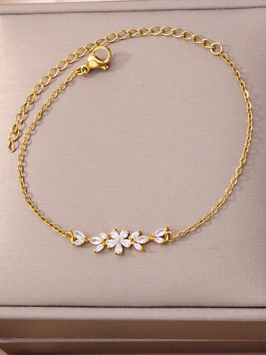 1pc Elegant Stainless Steel Zirconia Flowers Bracelet For Women Girls Valentine's Day - Yellow Gold - View 1
