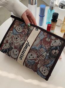 Bolsa de cosméticos de mano de tela de poliéster con estampado de oso lindo, organizador de tocador portátil y de moda para interiores y exteriores con compartimentos de malla para gran capacidad, bolsa de maquillaje, estuche de maquillaje, accesorios de maquillaje, artículos de viaje, esenciales de viaje para mujeres