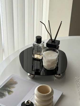 1pc Ins-Style Tortoiseshell & Leopard Print Metal Tray, Wooden Balls, Transparent Asymmetrical Geometric Aromatherapy Fragrance Stand, Luxury Home Decor Accessory, Acrylic Black Mirror Moon Tray