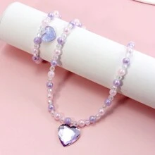 2pcs/Set Girls' Purple Heart Shaped Pendant Bracelet & Beaded Necklace/Bracelet Set Perfect For Festival Party Birthday Gift Accessory - Multicolor - View 3