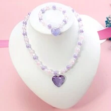 2pcs/Set Girls' Purple Heart Shaped Pendant Bracelet & Beaded Necklace/Bracelet Set Perfect For Festival Party Birthday Gift Accessory - Multicolor - View 1