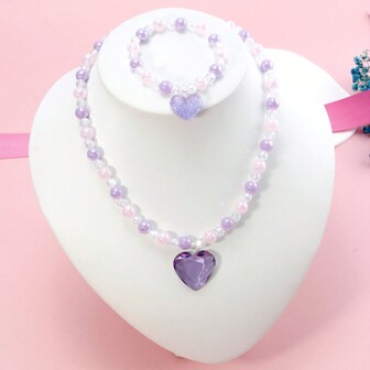 2 Unids/set Pulsera Colgante En Forma De Corazón Púrpura Para Niña Y Conjunto De Collar/pulsera Con Cuentas Perfecto Para Fiesta De Festival Accesorio De Regalo De Cumpleaños