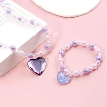 2pcs/Set Girls' Purple Heart Shaped Pendant Bracelet & Beaded Necklace/Bracelet Set Perfect For Festival Party Birthday Gift Accessory - Multicolor - View 2