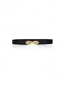 Boho 1pc Leaf Elastic Belt Pu Leather Waist Belt Leaf Buckle Fashion Joker Women's Elastic Narrow Waist Dress Waist Belt Is Suitable For Daily Collocation Summer, School