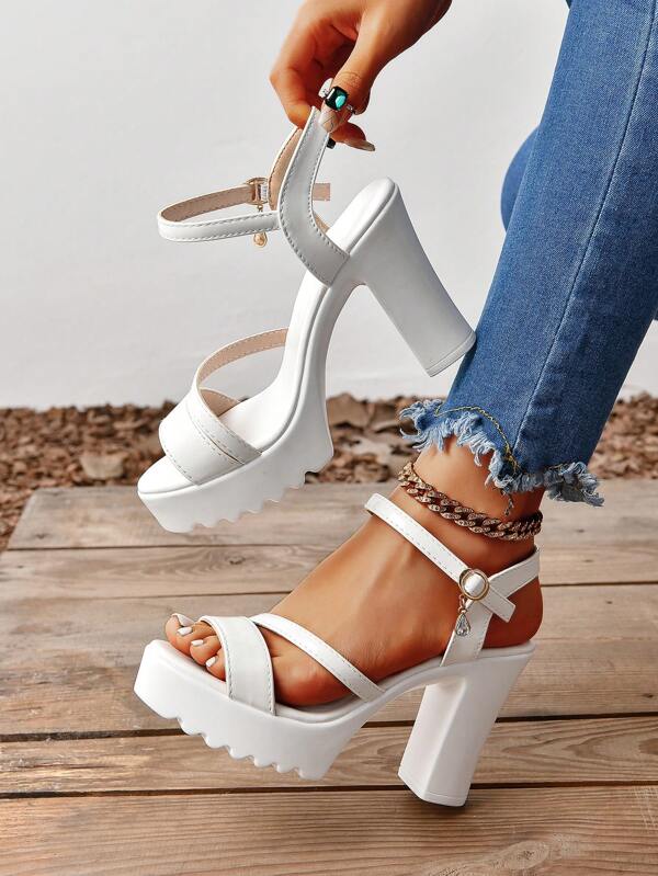 Women's Peep Toe Waterproof Platform Glossy Leather High Heel Slip-On Sandals With Rhinestones, Versatile And Lightweight