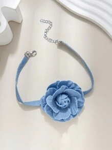 1 Peça Vintage Colar Gargantilha Corrente Clavícula com Flor de Rosa 3D de Denim