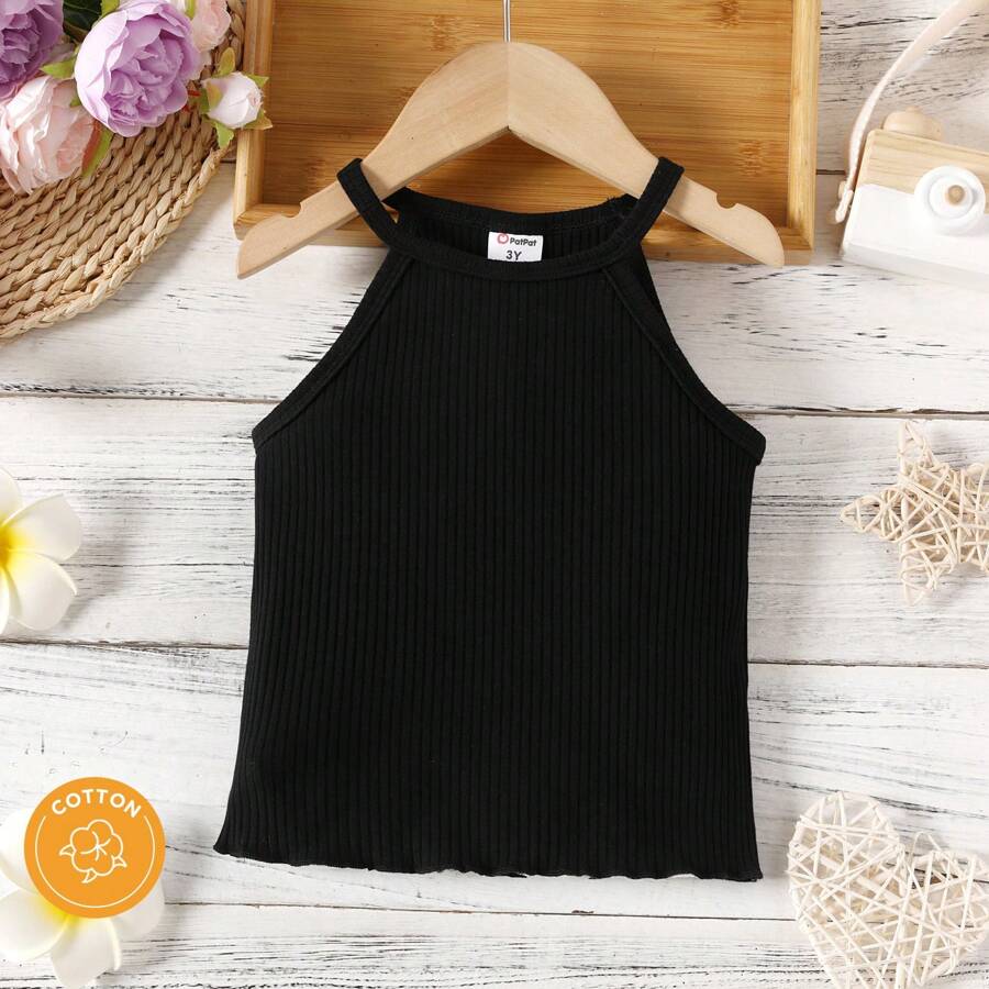 PatPat Young Girl Solid Ribbed Sleeveless Summer Tank Top - Black - View 1