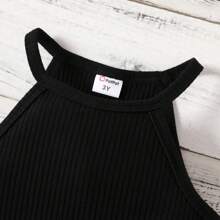 PatPat Young Girl Solid Ribbed Sleeveless Summer Tank Top - Black - View 4