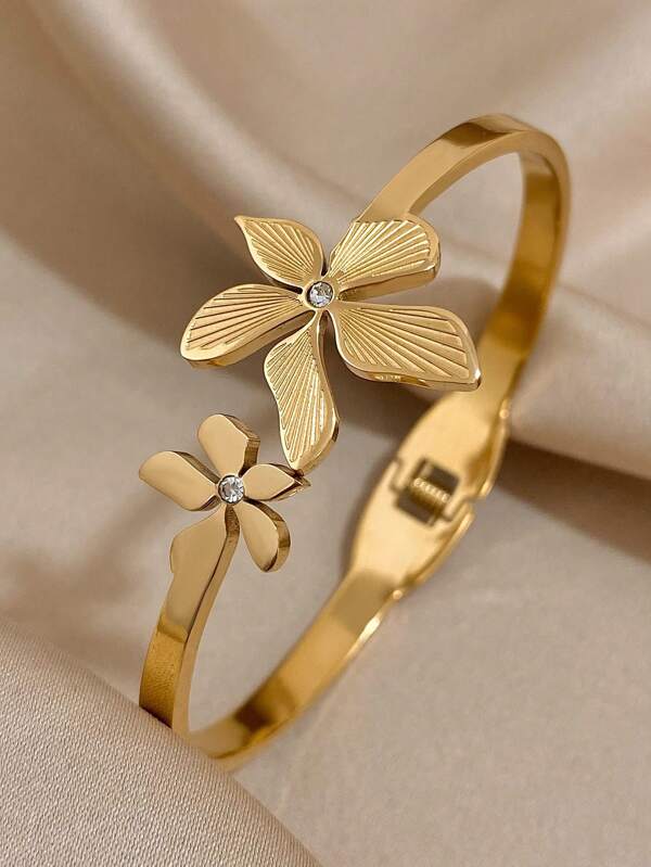 1 Peça Pulseira Cor Dourada para Mulheres e Adolescentes Meninas, Pulseira de Bracelete de Aço Inoxidável com Flor de Orquídea de Strass, Joias Diárias e de Festa, Presentes do Dia dos Namorados, Dia das Mães, Mãe