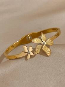 1件金色手链，女士/女孩款式，水钻兰花不锈钢手链，日常派对饰品，情人节、母亲节礼物 - 金黃色 - 查看 2